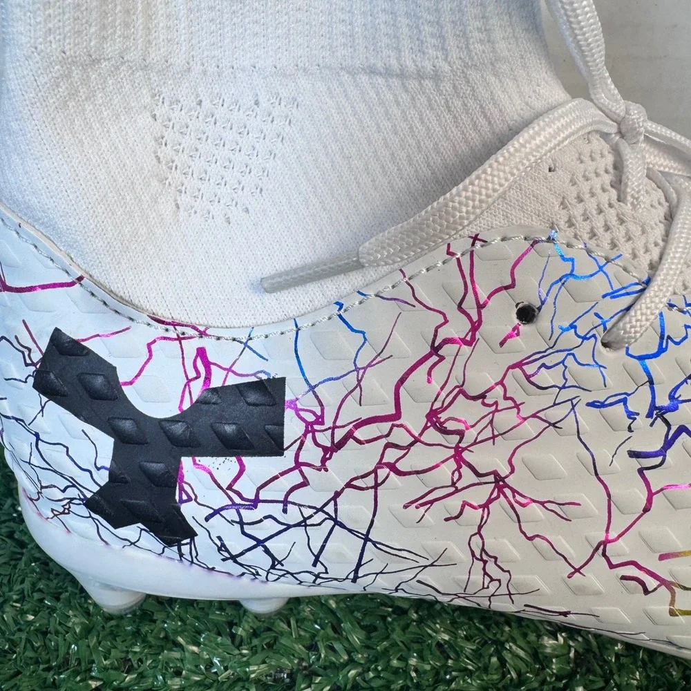 Jiebuniao Kids Soccer Cleats‎ White Rainbow Lightning High Top Athletic Shoes